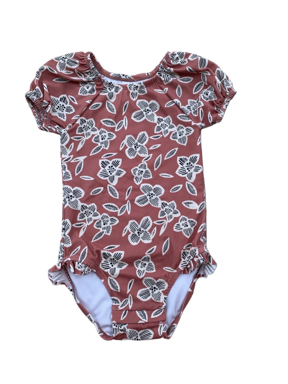 Hanna Andersson Size 90, 3T Puff Sleeve Rust Cream Floral One Piece Swimsuit